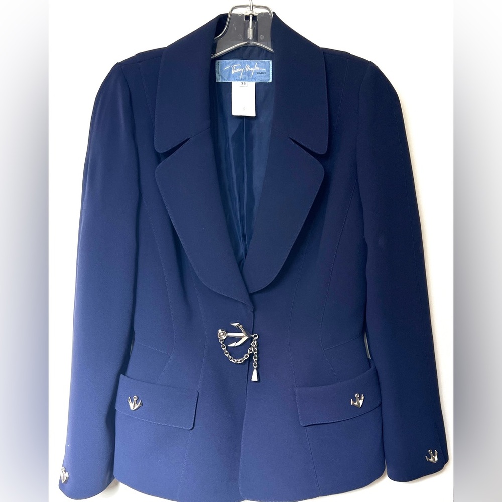 Vtg Thierry Mugler Paris Blazer 38  Navy Anchor Nautical Hourglass Couture Jacke